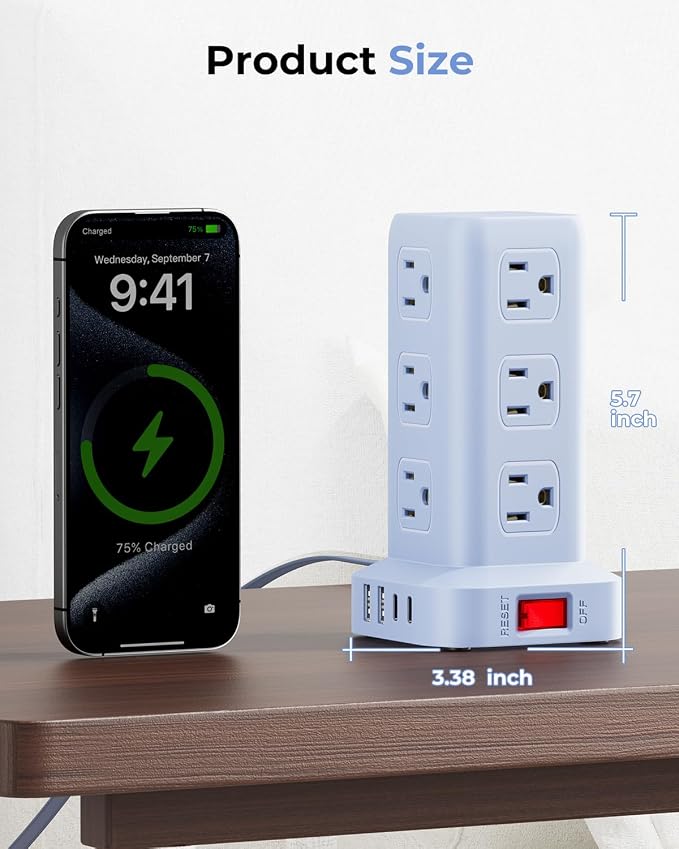 Power Strip with 12 Outlets 4 USB (1 USB C), 6.5Feet Extension Cord with Multiple Outlets, Charging Station, Blue Power Strip Tower, Home Office Desk Supplies - Image 5