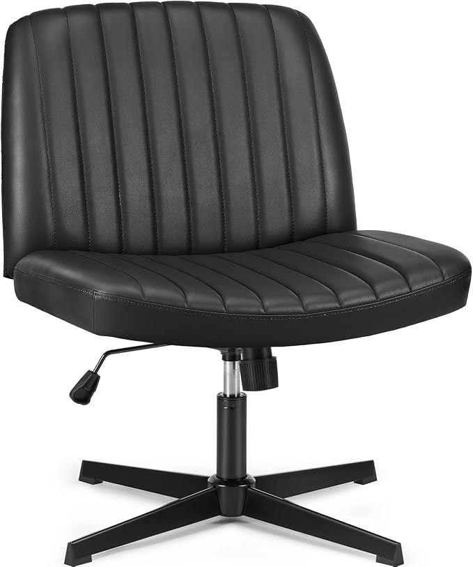 OLIXIS Criss Cross Chair, Vanity Chair, Home Office Desk | Armless No Wheels Wide Seat, Height Adjustable Swivel, Padded PU Leather, Bedroom Student Study, Black Dual Base by OLIXIS