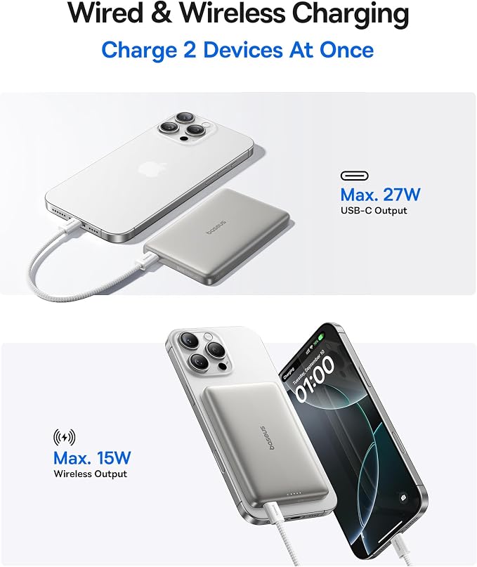 Baseus Picogo Magsafe Portable Charger, Qi2 15W 0.5" Ultra Slim 10000mAh Wireless Power Bank, 27W Fast Charging Magnetic Battery Pack with USB-C for iPhone 17 Pro Max/17 Pro/Air/16/15/14/13/12 | 10000mAh Wireless Power Bank, 27W Fast Charging Magnetic ... - Image 5