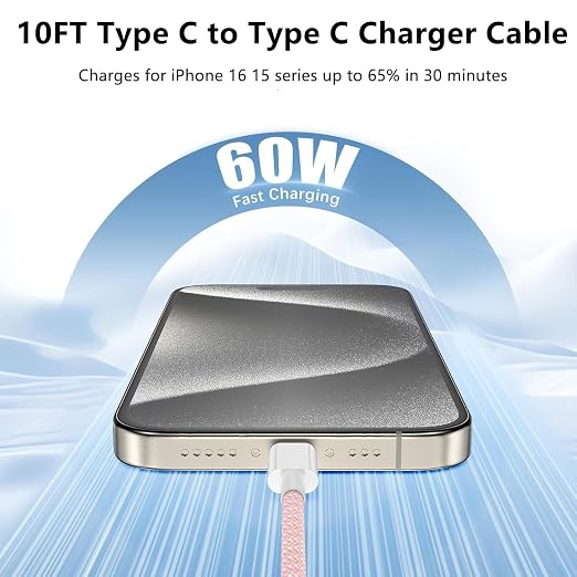 USB C to C Charger Cable 10ft, 60W Type C to C Fast Charging Cable Cord Long for Apple iPhone 17 Pro Max/17 Air/16 Pro Max/16 Pro/15 Plus/15 Pro Max/MacBook 2021/2020/2019,iPad Pro/Mini/Samsung Galaxy - Image 3