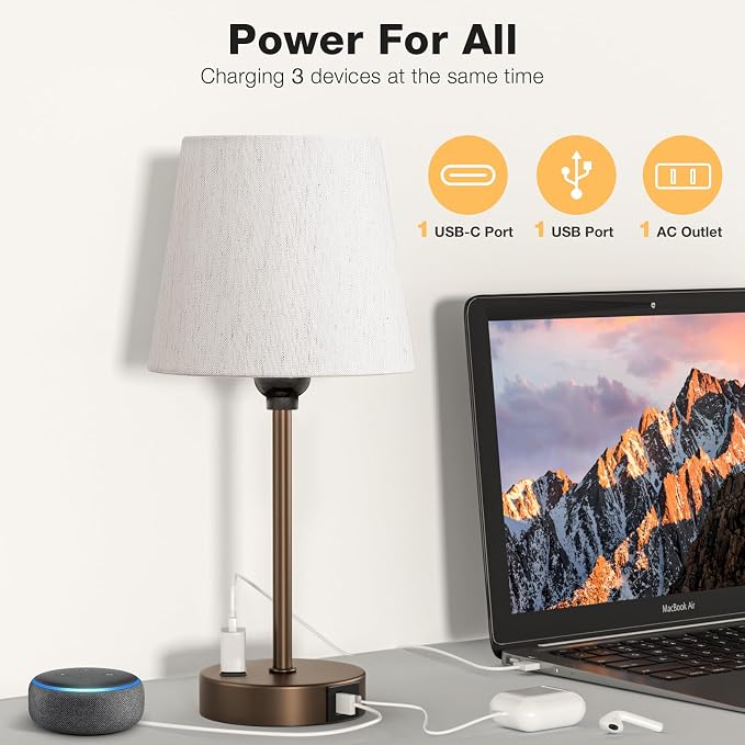 Brown Bedside Lamps Set 2 for Bedroom - Dimmable Touch, USB C+A, AC Outlet | 14.5" Mini Lamp, 3-Way Dimmable, LED Bulbs Included, Cream Barrel Fabric Lampshade, Nightstand Light for Guest Room, Kids - Image 3
