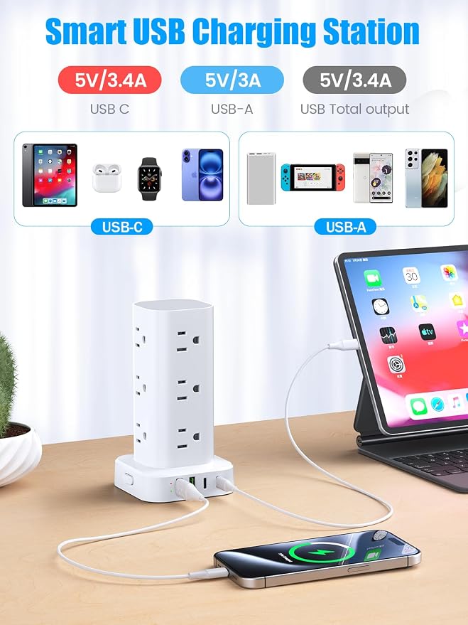 Tower Power Strips with Surge Protection, 6FT Flat Extension Cord with Multiple Outlets, 12 AC 4 USB Ports, Overload Protection Charging Station for Office Home Dorm Room Travel (White) - Image 3