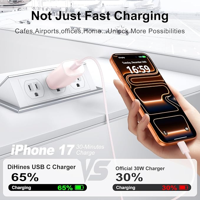 Phone 16 15 Charger Fast Charging,30W Type C Chargers USB C Charge Block with 2 Pack 10FT USB C Cable Nylon Braided for Phones 16/16 Plus/16 Pro/16 Pro Max/Phone 15/15 Pro Max/Pad Pro/AirPods,Pink - Image 3