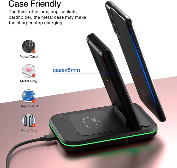 Wireless Charger for Samsung/Android, HOLYJOY Foldable 3 in 1 Fast Charging Station/Stand/Multi Charger for Samsung S25 Ultra/S24/Note 20, Travel Pad for Galaxy Watch 8/7/6/5/Active 2, For Buds(Black) - Image 3