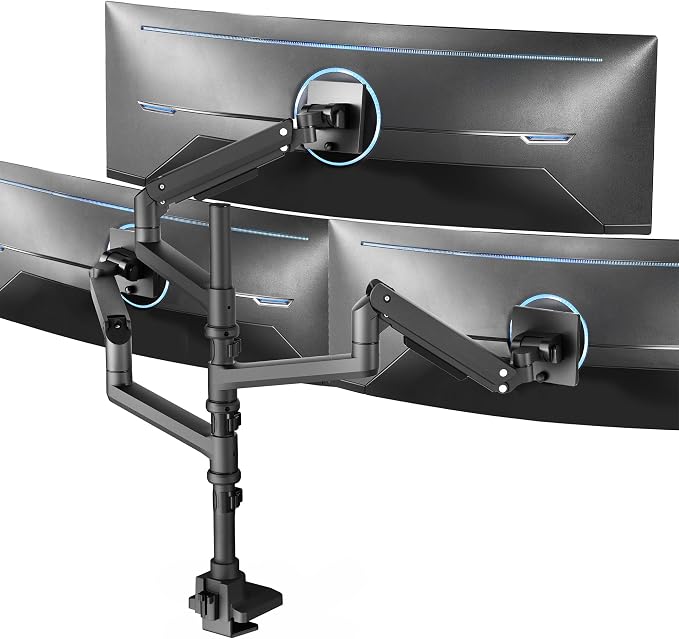 VIVO Pneumatic Arm Triple Ultrawide Monitor Extra Tall Desk Mount for Up to 49 inch Screens, Heavy Duty Clamp, Holds 3 Ultra Wides Up to 44 lbs, Black, STAND-V300D by Unknown