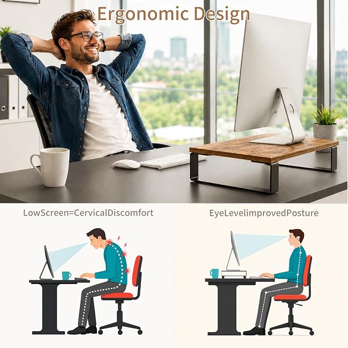 XINYAO 2 Pack Monitor Riser for Desk, Wood and Steel, 16*12*3 inch, Brown | Multi-Purpose Desktop Storage Stand for dual monitor setups, TVs, Laptop, Printer, home office use, or gift giving - Image 4