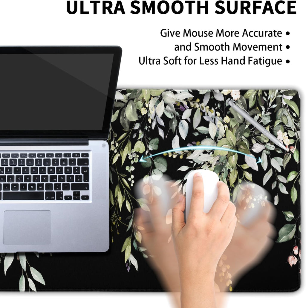 Sage Green Leaves Mouse Pad 31.5x11.8in Floral Black Gaming Mouse Pad Vintage Aesthetic Desk Pad Extended Large Desk Mat Non-Slip Rubber Base Stitched Edge Long Keyboard Mousepad for Computer Laptop - Image 5