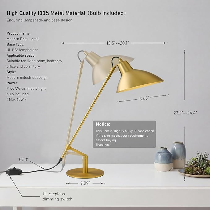 Desk Lamp Modern Industrial 100% Metal Adjustable Table Lamp 24", Natural Light (4000K) with Dimmer, Ideal for Office Bedroom Study Room Living Room Nightstand Bedside Lamps Brass - Image 2