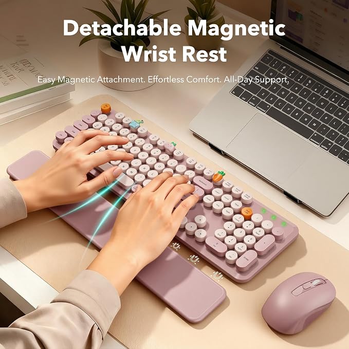 Wireless Keyboard and Mouse Combo, Full-Size Typewriter-Style Keyboard with Round Keycaps, Magnetic Wrist Rest, Tilt Legs, 2.4GHz Cordless for Mac, Windows PC, Laptop, SABLUTE CK23, Dusty Rose | Full-Size Retro Typewriter-Style Keyboard, Tilt Legs, Aut... - Image 2