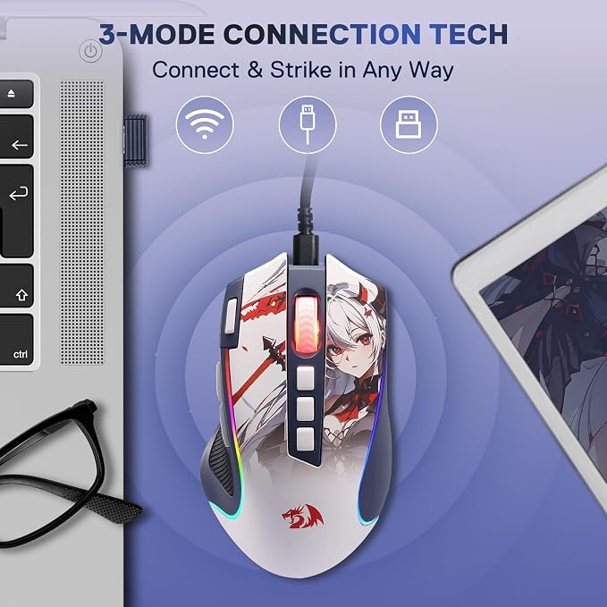 Redragon Anime Keyboard & Mouse Combo, K719 PRO KB + M612AK 8000 DPI Mice | Multi-Function Control Knob, LED Screen & Knob, 0-Delay Tri-Mode, 95 keys Creamy Cushioned Typing, 9 Button Macro Combos - Image 7