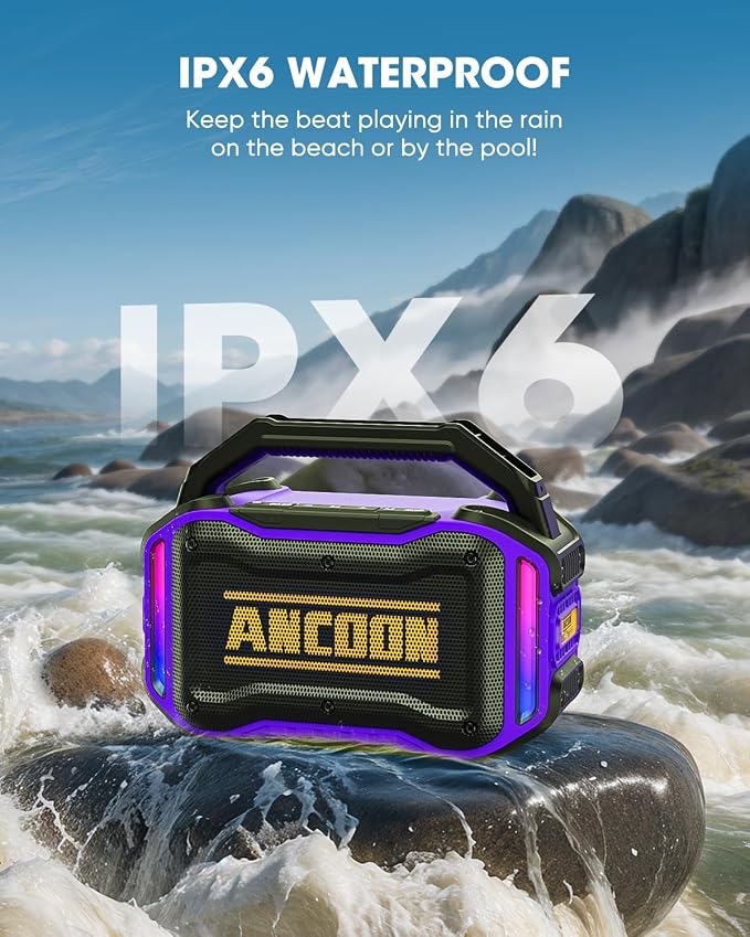ANCOON Speakers Bluetooth Wireless: 80W(Peak) Loud Speaker with Bass, 20H Playtime, IPX6 Waterproof, Large Jobsite Speakers for Work, Outdoor, Workshop, Garage, Portable Speaker with TWS (Purple) - Image 3