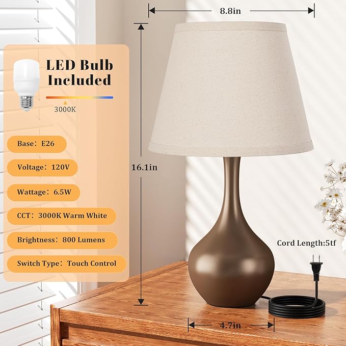 16.1" Touch Table Lamp for Nightstand, 3 Way Dimmable Small Bedroom Lamp | Touch Control, Bulb Included, Brown Bedside Lamps for Desk, Night Stands, Living Room, End Table, Corded - Image 5