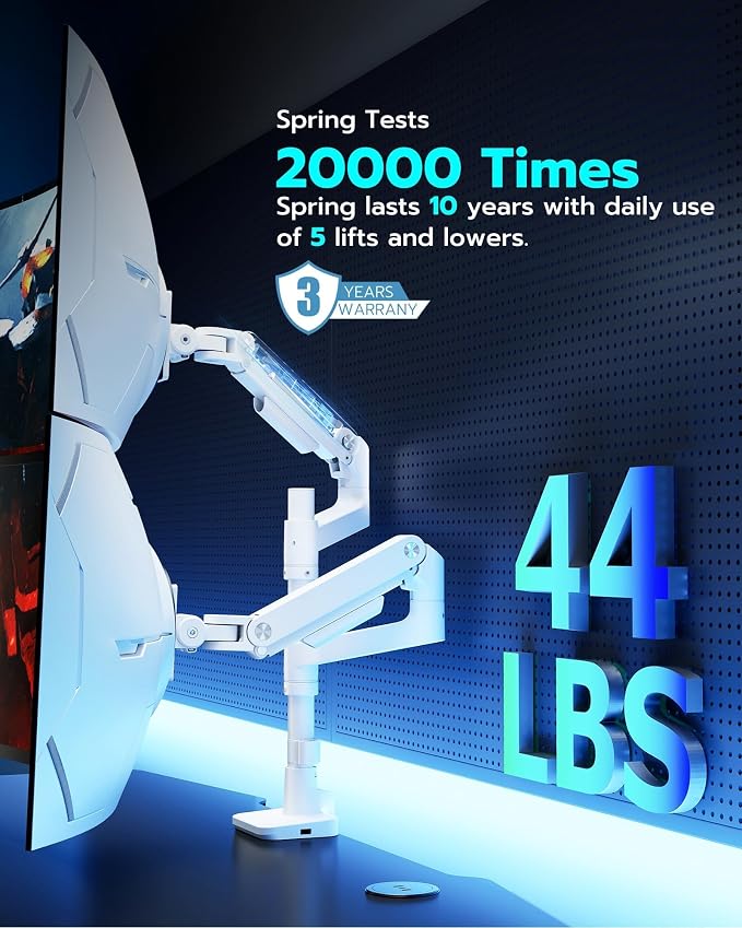 ARES WING White Ultrawide Dual Monitor Mount with USB A/C for 17 to 49 Inch | Pro Gas Spring, Aluminum Material, Flexible Screen Layouts, for 75/100 Vesa Mount, Hold 44lbs Each Arm, for Samsung Monitor - Image 5