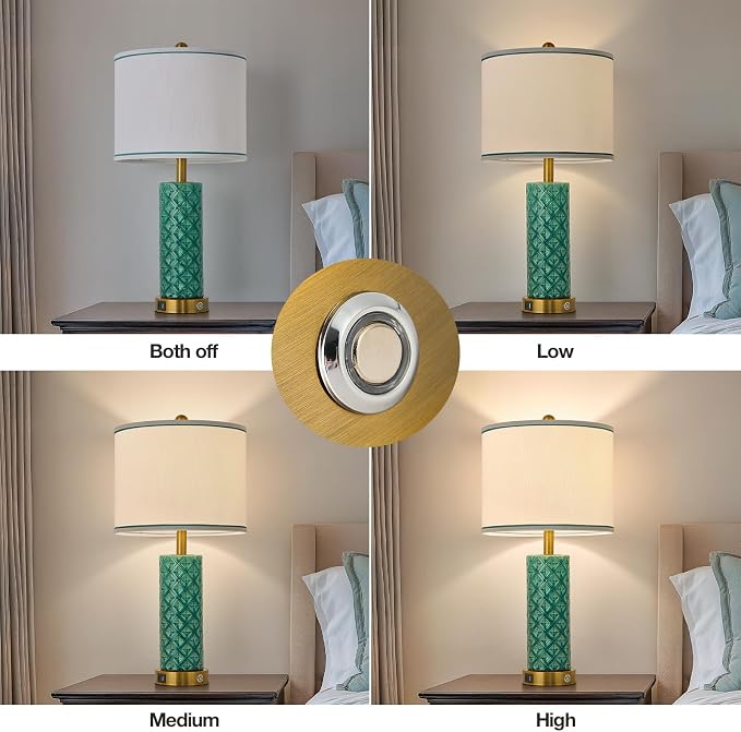 Set of 2 Table Lamp for Living Room Bedroom Farmhouse,26'' Touch Control Bedroom Turquoise Ceramic Lamps 3-Way Dimmable Bedside Lamps with USB A+C Ports Linen Shade for Home - Image 4