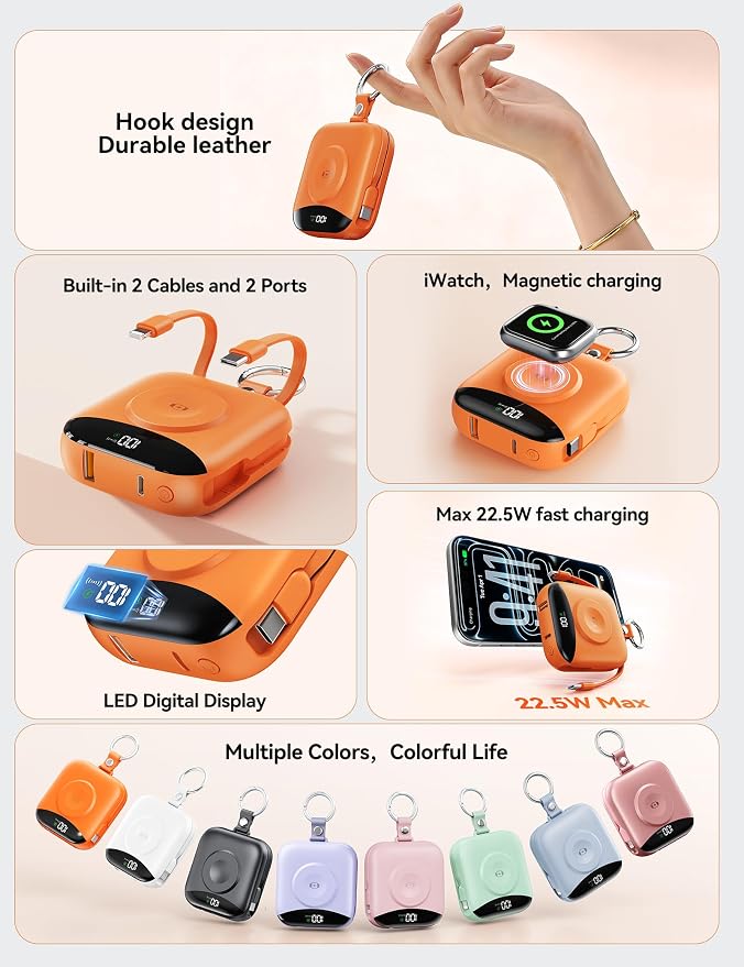 Portable Charger 10000mAh 22.5W Power Bank Built-in 2 Cables Keychain | Charge 5 Devices, TSA approved, Travel Fast Charging Battery Pack for iPhone Samsung Google Android & iWatch Charger, Orange - Image 2