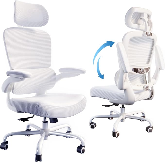 TRALT Ergonomic Office Chair Desk Chair with Adjustable Lumbar Support | Home Office Desk Chairs with Flip-up Armrests & 3D Headrest - Mesh Gaming Chairs for Adults, 330lbs, PU Leather (White, 1) - Image 8