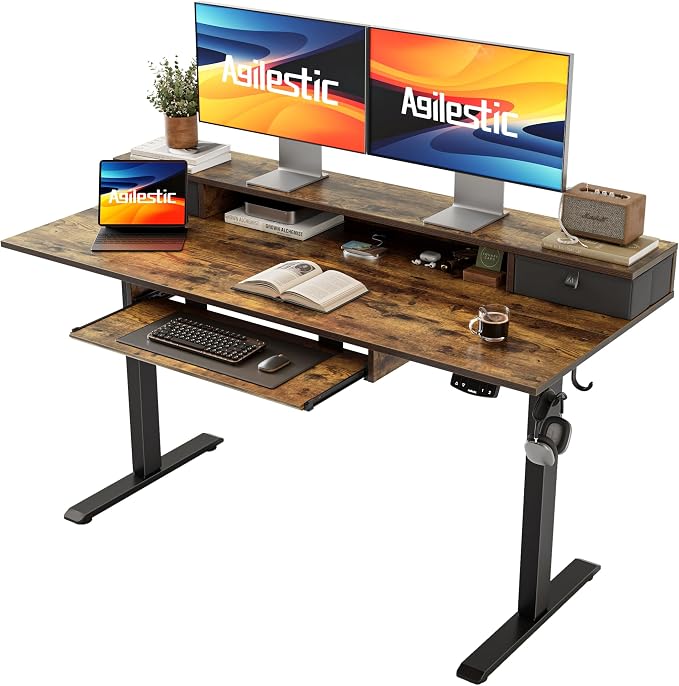 Agilestic 55 Inch Standing Desk with Drawers & Keyboard Tray, Rustic Brown | Electric Height Adjustable, 2 Storage Drawer, Monitor Stand, Sturdy Steel Frame, Memory Presets, Hooks, 154 lbs, Splice Board by Agilestic