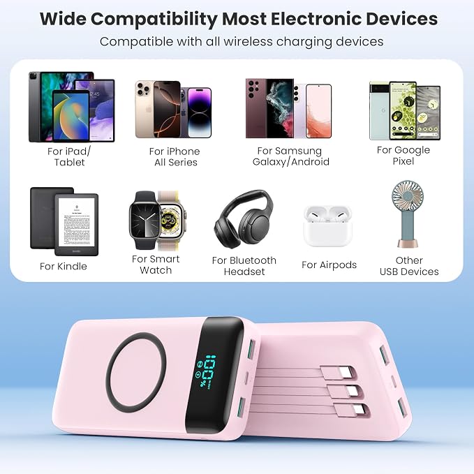 YHO Wireless Portable Charger 40800mAh for iPhone with Built-in Cables, Wireless Charging USB C Power Bank,25W PD Fast Charging Travel Essential Battery Pack for iPhone 17/16/15,Android-Pink - Image 7