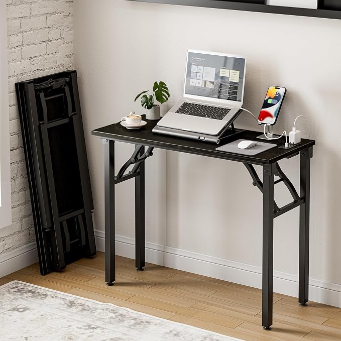 Small Folding Computer Desk – 35.8 Inch Portable Table for Craft and Study, Lightweight Desk for Small Spaces, Foldable Laptop Table Built-in AC/USB Outlets for Convenience, Dark Oak by Frylr