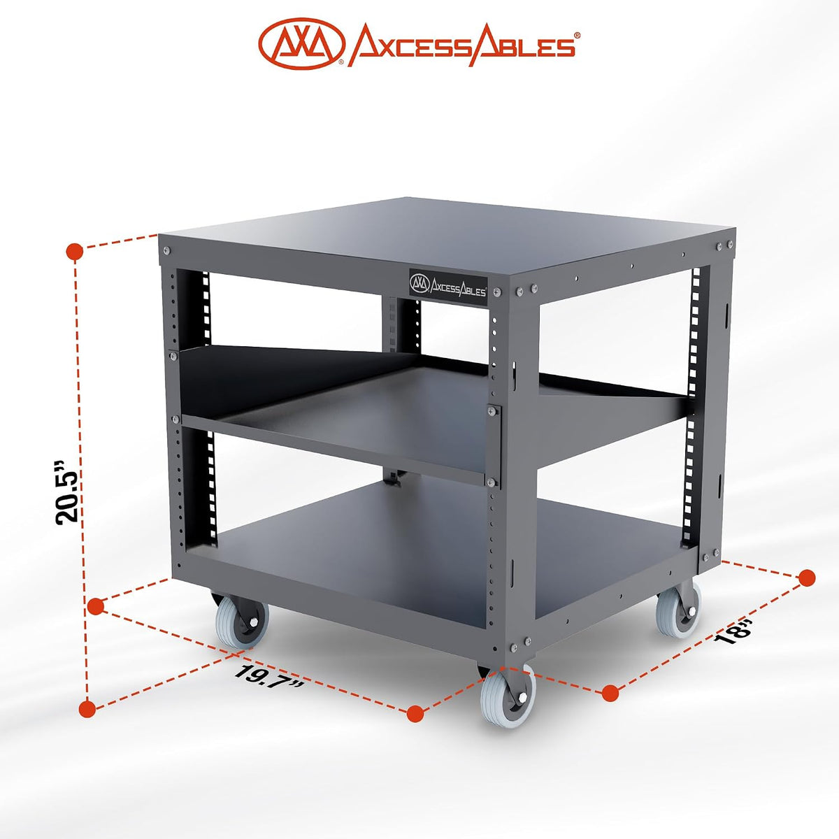 AxcessAbles 8U Open Frame Network Rack with Locking Caster Wheels - 440lb Capacity, 18" Depth | 19-Inch Open Server Rack, one 1U Shelves, 10-32 Screws & Cage Nut Rails, Cage Nut Tool & Wall Kit - Image 6