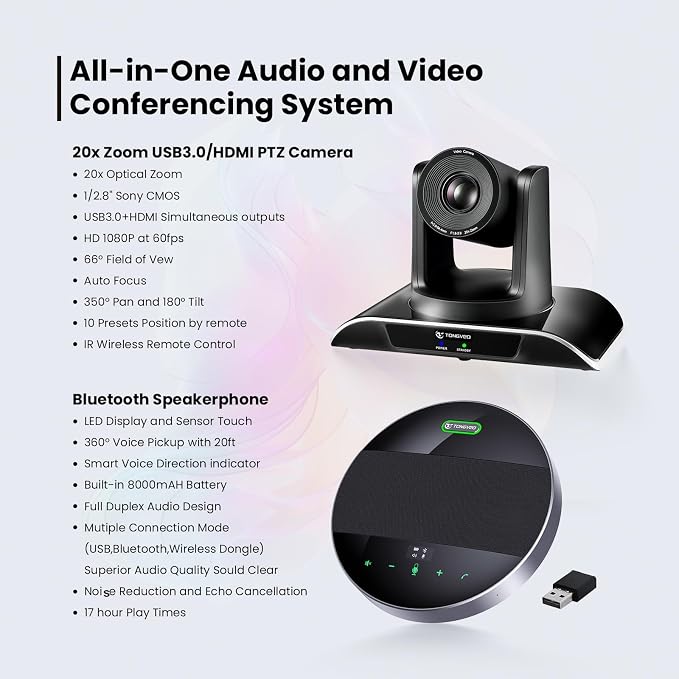 20x Zoom Conference Room Camera System TONGVEO All-in-1 Video and Audio Conferencing System 20X Optical Zoom USB3.0 HDMI PTZ Camera and Conference speaker with microphone Bundle for large Meeting Room - Image 2