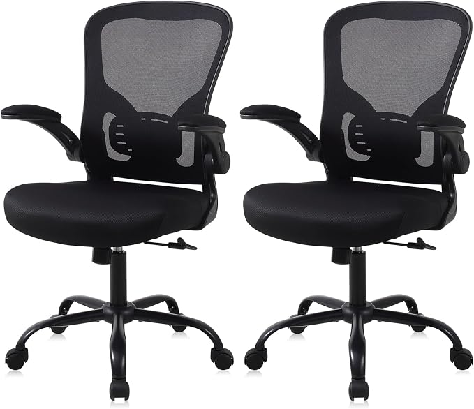 Flysky Mesh Office Chair, Ergonomic Computer Desk Chairs (Black, Set of 2) | Comfy/Comfortable Flip-up Arm Rests, Lumbar Support, Height Adjustable, 360 Degree Rolling Swivel for Home Office by showyourstyle