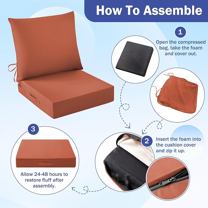 IASEAHK Outdoor Seat Cushion Set, Waterproof & Fade Resistant Patio Chair Cushions, Outdoors Cushion for Patio Furniture, 24 x 24 x 5.75 Inch, Outdoor Couch Cushions with Handle and Ties, Spice - Image 8