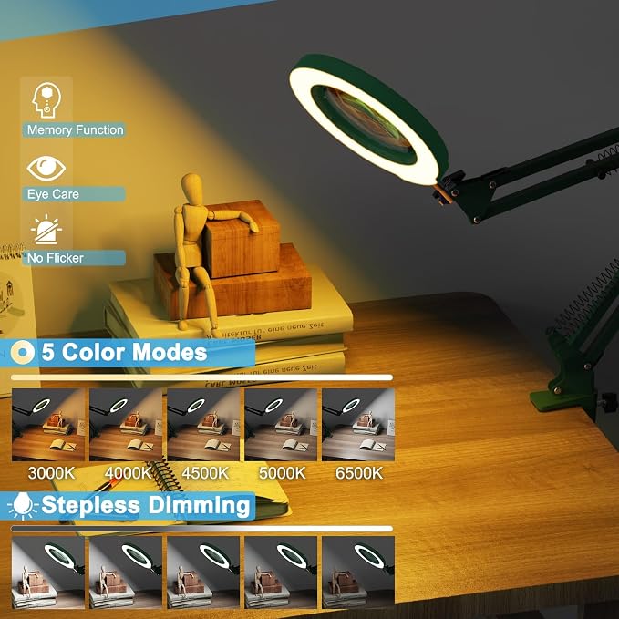 10X Magnifying Glass with Light and Clamp, Real Glass Stand Lighted Magnifier, 5 Color Modes Stepless Dimmable LED Desk Lamp Hands Free for Crafts Hobby Reading Painting Sewing Close Work - Green - Image 4