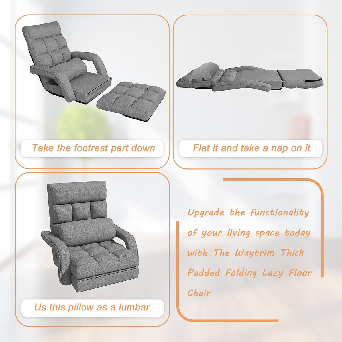 Floor Gaming Chair with 6 Adjustable Position, Foldable Lazy Sofa Chair with Armrest for Adult, Comfy Chaise Lounge Indoor, Breathable Floor Bed Sleeper for Bedroom, Yoga, Dorm - Image 6