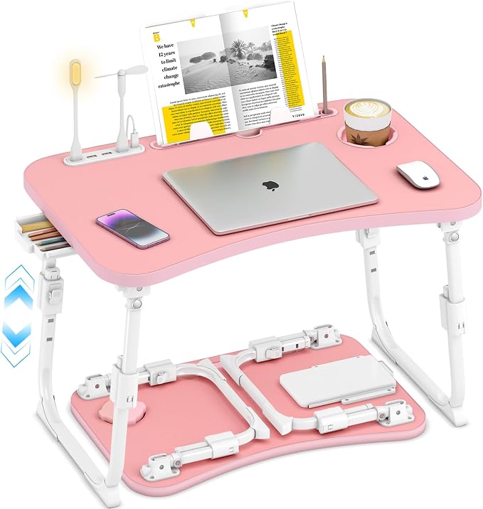 Lap Desk for Bed Adjustable Height, Foldable Bed Table with Storage Drawer, Tablet Slot & Cup Holder, Portable Laptop Stand for Bed & Sofa, Bed Desk for Adults & Kids, Pink by OPKING