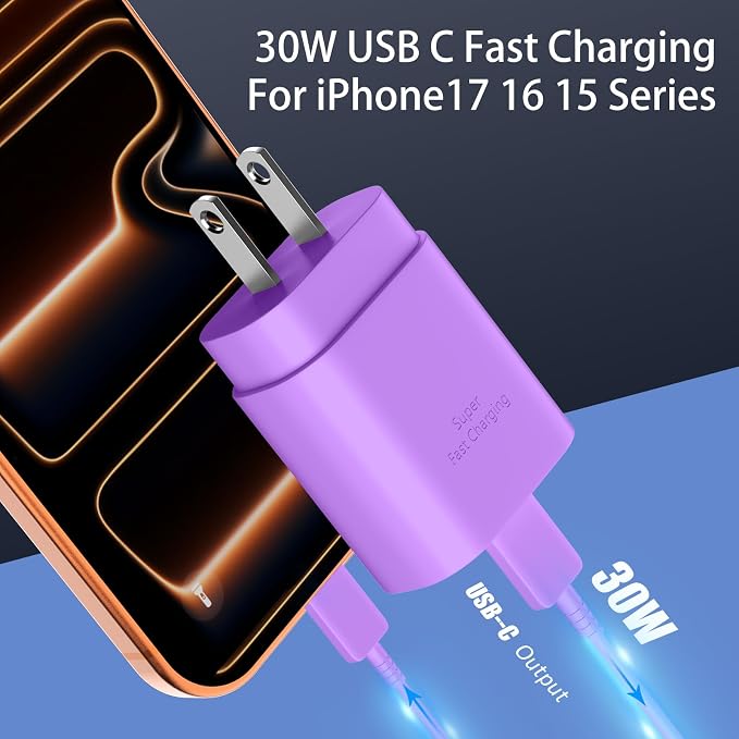 Phone 17 16 15 Charger Fast Charging,30W USB C Phone 17 16 15 Pro Max Charger Block &6.6FT Long Type C Cable Cord for i.Phone 17/Air/17 Pro/17 Pro Max/16/16 Plus/16Pro/16 Pro Max/15/15 Pro Max,Purple - Image 2