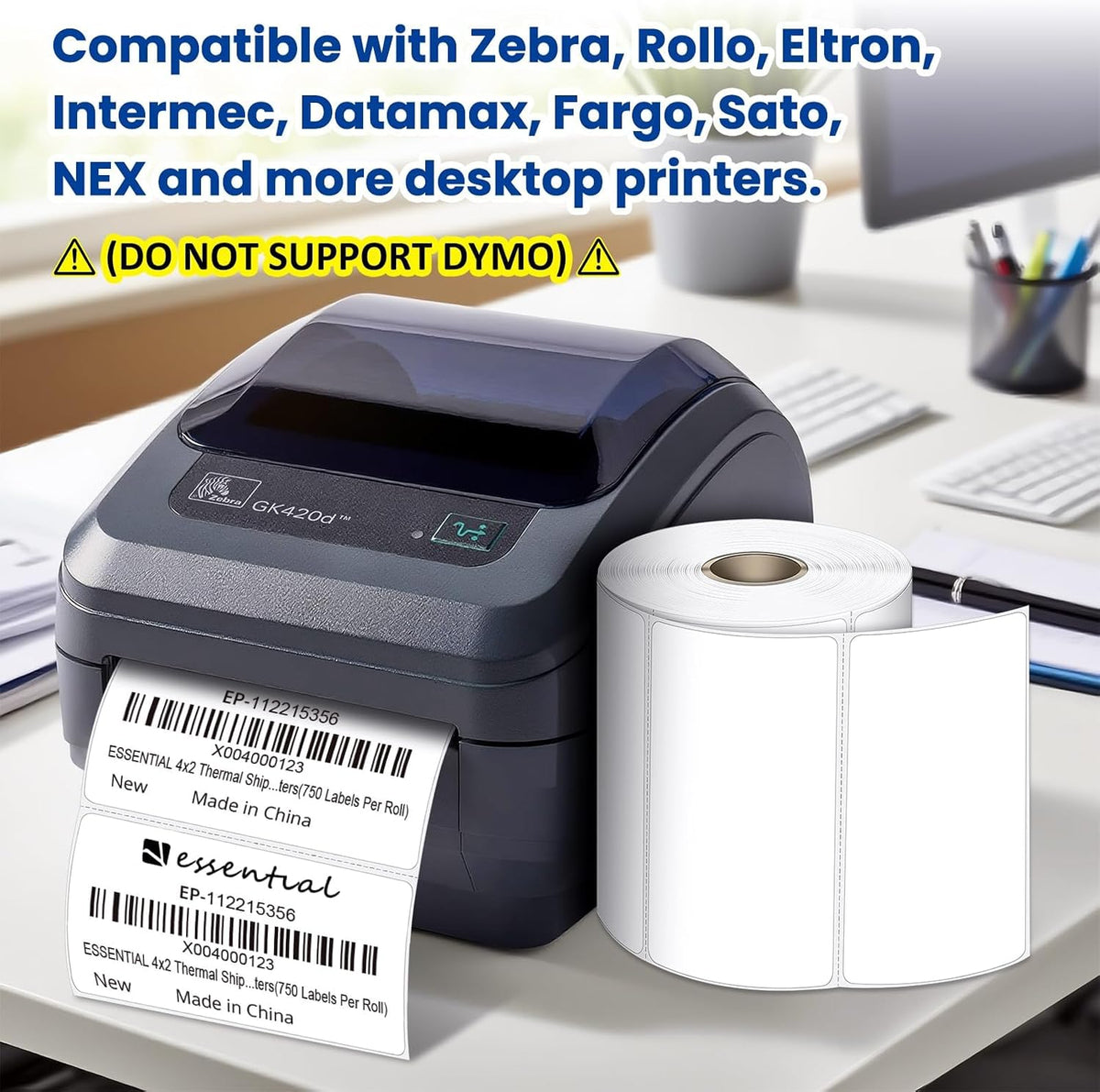ESSENTIAL 4" x 2" Direct Thermal Labels, 1" Core (3000 Labels, 4 Rolls) - Image 3