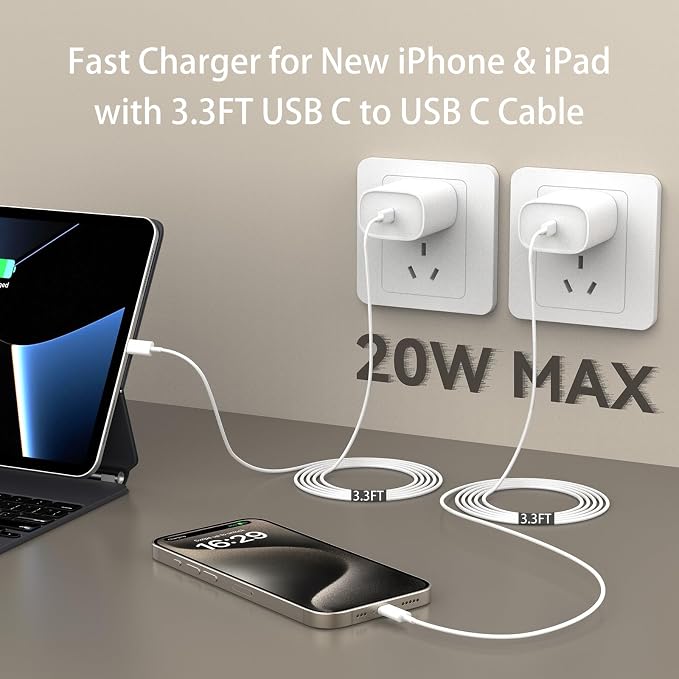 iPhone 17 16 15 Charger Fast Charging, 3.3FT iPhone 17 Pro Max Charging Cable(65W/3A) USB C Cord with 20W PD Fast iPhone 17 Pro Max Chargers Block for iPhone 17/17 Pro Max/17 Air/16/15 Series, iPad - Image 7