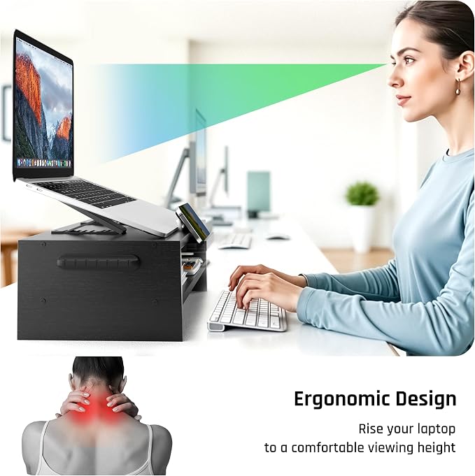 AFOOYO Adjustable Wood Laptop Stand, Ergonomic Height Angles Computer Holder Riser for Desk Compatible with Air, Pro, Dell, HP, Lenovo More 10-17.3" Laptops, Black - Image 5