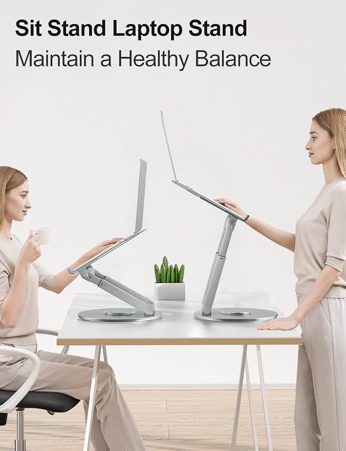 tounee Telescopic Laptop Stand for Desk with 360° Swivel Base, Sit to Stand, Height Adjustable, Portable Riser Holder for Good Posture, Compatible with All Laptops 10-17"-Silver - Image 3