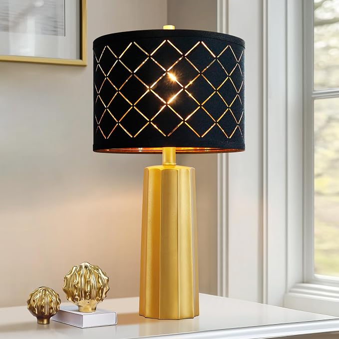 24" Modern Table Lamp for Living Room Bedroom Black Grid Shade | Gold Nightstand Resin Lamps Contemporary Desk Lamps for Bedside End Tables, 2 Bulbs Included (Gold) - Image 9