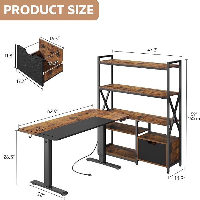 77.8 Inches L Shaped Standing Desk Corner Desk with Hutch Electric Height Adjustable Desk with Storage Shelves File Drawer Power Outlets Reversible Computer Gaming Desk for Home Office, Brown - Image 2