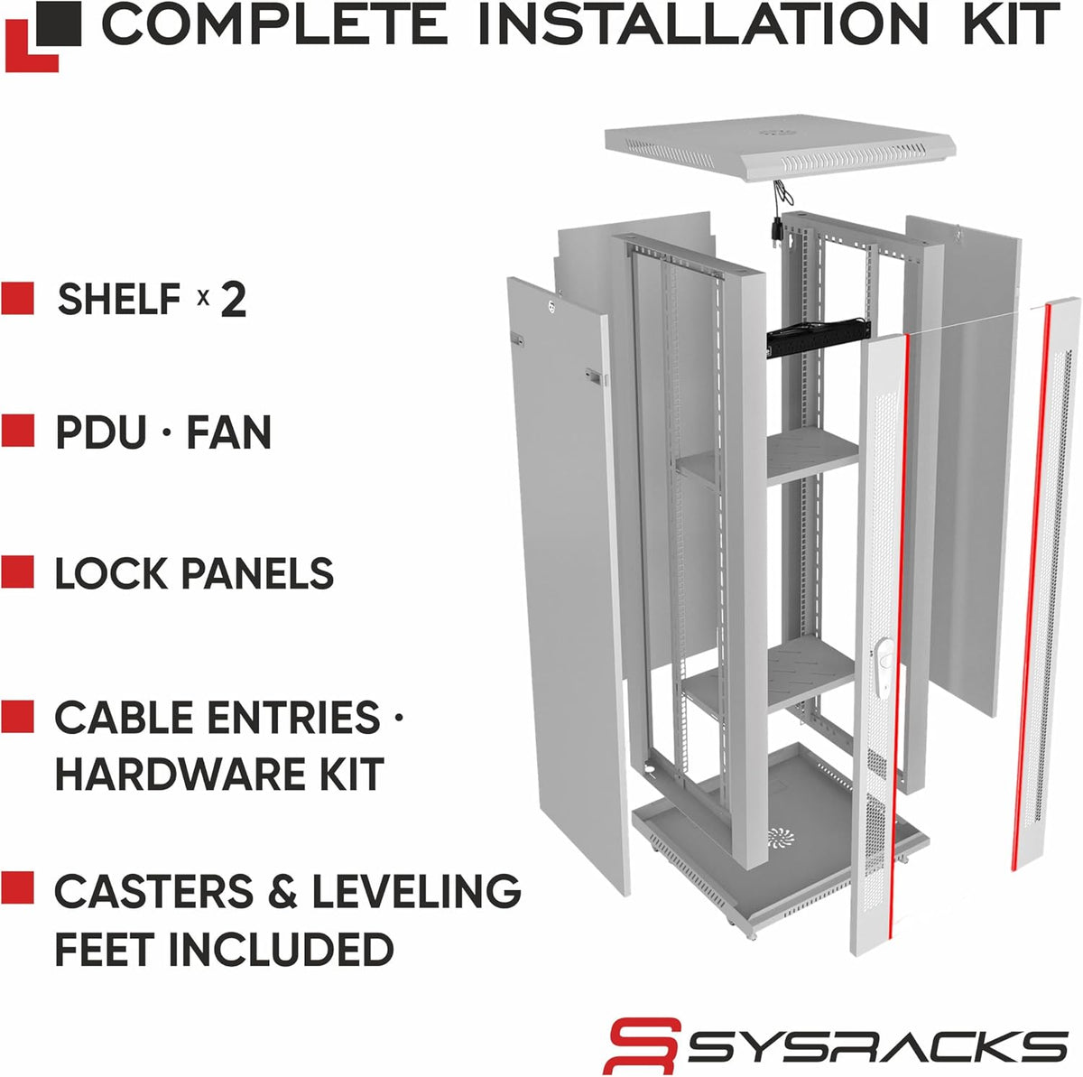 22U Wall Mount Server Rack Cabinet 24” Deep, 19” Network & AV Enclosure for Home Lab with Fan, PDU, 2 Shelves, Locking Glass Door - Image 4