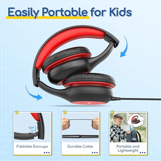 EarFun K1 Kids Headphones Wired with Mic, Volume Limit Headphones for Kids | Portable Wired Headphone with Shareport, Stereo Sound, Foldable Headset for School/Toddler/Tablet/iPad/Kindle, Black Red - Image 8
