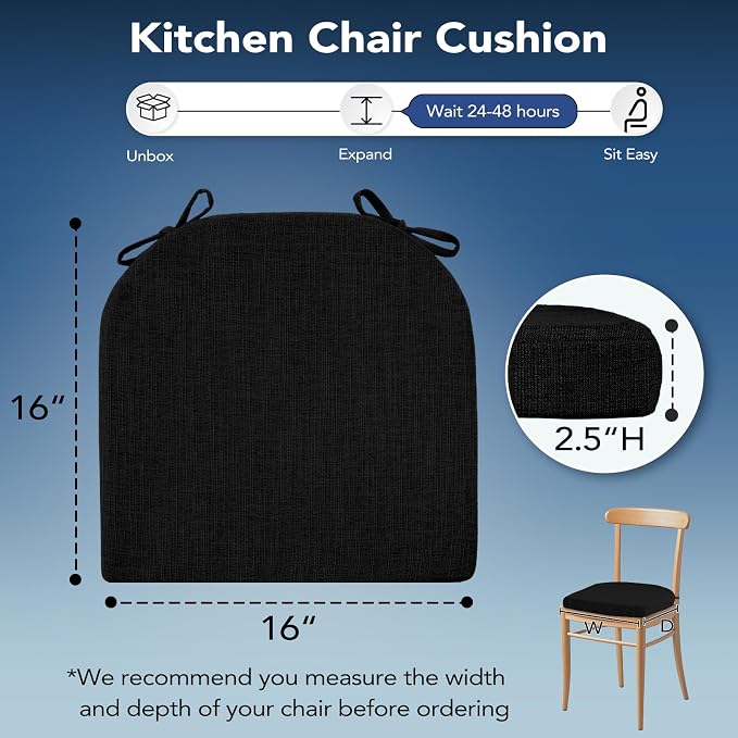 Chair Cushions for Dining Chairs, Non Slip Chair Pads with Ties and Washable Covers, Memory Foam Kitchen Chair Cushions Set of 4, 16"X16"X2.5", Black - Image 2
