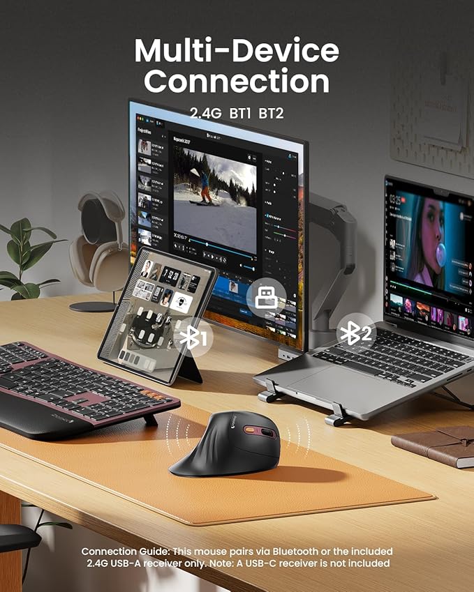 ProtoArc EM11 NL Wireless Ergonomic Vertical Mouse, Rechargeable, Wine Red | 58° vertical design supports a natural wrist posture, connect 3 devices via Bluetooth/2.4G USB-A, 500mAh USB-C rechargeable. - Image 3