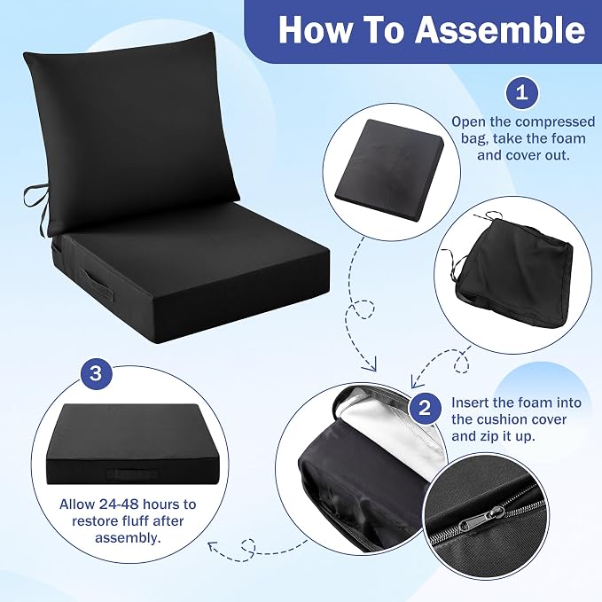 Outdoor Chair Cushions, 24 x 24 Inch Outdoor Cushion for Patio Furniture, Patio Chair Cushion, Waterproof & Fade Resistant Deep Patio Furniture Cushions Set with Handle and Ties, Black (Set of 6) - Image 8