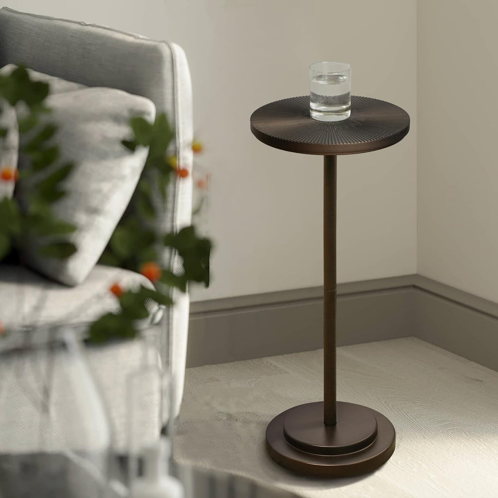 COVLON Drink Table, Carved Table Top Martini Table, Small Side Table, Weighted Base Pedestal Table for Living Room, Bedroom, Bathroom, Brown - Image 3