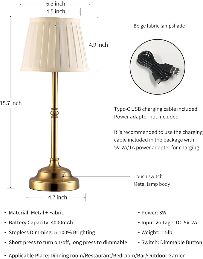 KDG Gold Cordless LED Table Lamps Set of 2, Beige Fabric Shade Desk Lamps | Portable 4000mAh Rechargeable Battery Powered, Dimmable Lighting for Dining Room, Bedroom, Bedside, Night Light, Balcony - Image 5