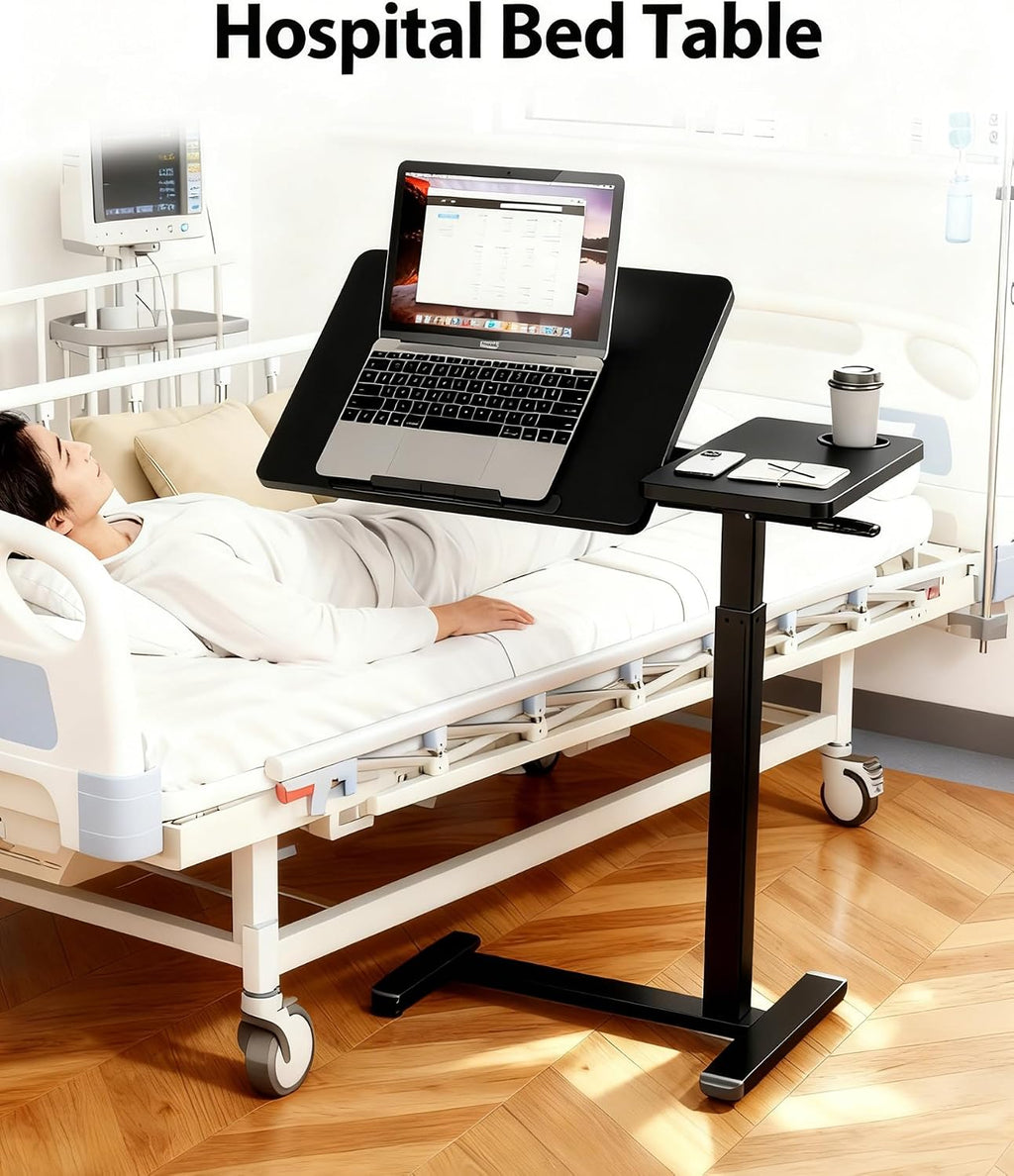 Overbed Table with Wheels, Pneumatic Lift, Foldable Top (Black) - Image 8