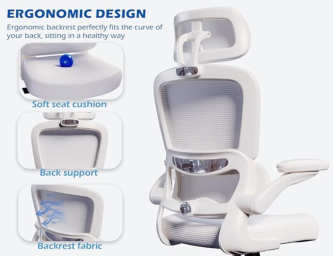 TRALT Ergonomic Office Chair Desk Chair with Adjustable Lumbar Support | Home Office Desk Chairs with Flip-up Armrests & 3D Headrest - Mesh Gaming Chairs for Adults, 330lbs, PU Leather (White, 1) - Image 5