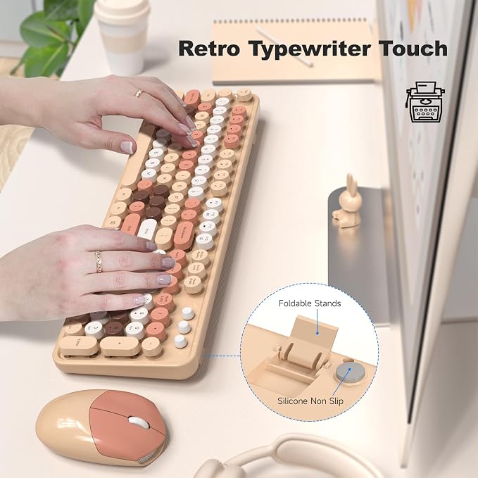Wireless Keyboard and Mouse Combo, 2.4GHz Retro Full-Size Typewriter Keyboard with Number Pad and Wireless Mouse for PC/Laptop/Desktop/Windows (Milk Tea Colorful) - Image 2