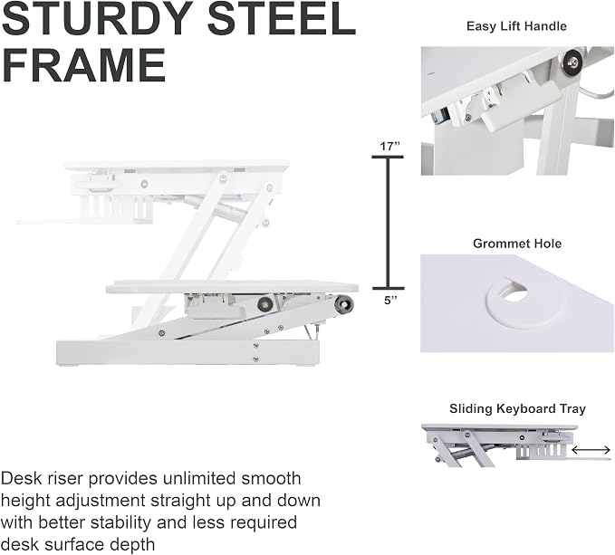 Rocelco 37.5" Height Adjustable Standing Desk Converter with Dual Monitor Mount and Anti-Fatigue Mat - Slide Out Retractable Keyboard Tray - Sit Stand Up Tabletop Riser - White (R DADRW-DM2-MAF) - Image 4