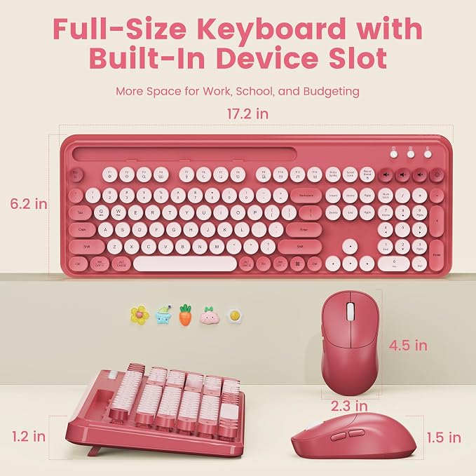 Wireless Keyboard and Mouse Combo, Retro Round Keycaps, Full-Size Stylish Typewriter Keyboard with Large Phone/Tablet Holder, 3-Level DPI Ergonomic Mouse, 2.4GHz Cordless for Windows PC, Rose Pink | Full-Size Retro Typewriter-Style Keyboard, Tilt Legs,... - Image 8