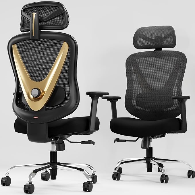 Ergonomic Mesh Office Chair - 3D Adjustable Lumbar Support & 3D Armrests, V-Shaped Back, Adjustable Desk Chair for Office & Home, Black and Gold - Image 6